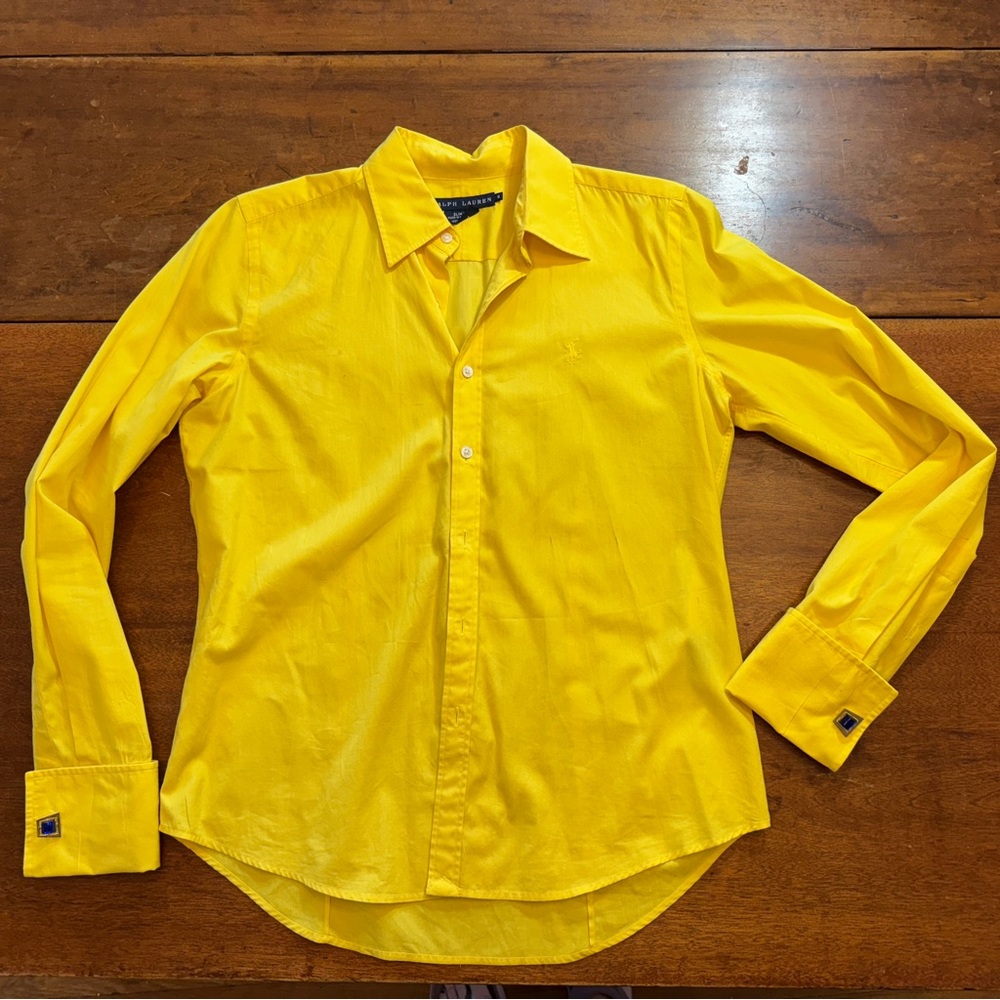 Ralph Lauren Slim Fit Button Down Sz 8 – Yellow w/ Blue Gem Cuff Links